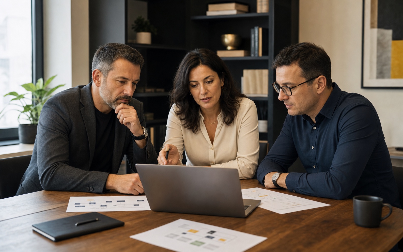 Trei manageri ai unei întreprinderi mici analizează utilizarea inteligenței artificiale în companie
